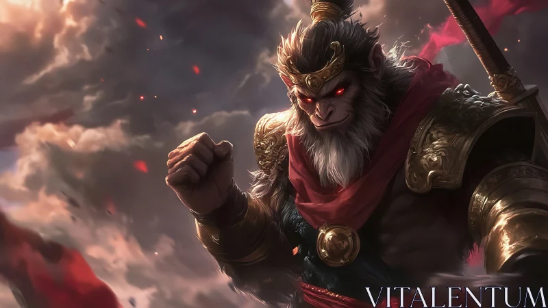 Warrior monkey king with glowing red eyes in armor.