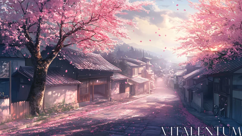 Cherry blossom street glows under serene spring sunset.