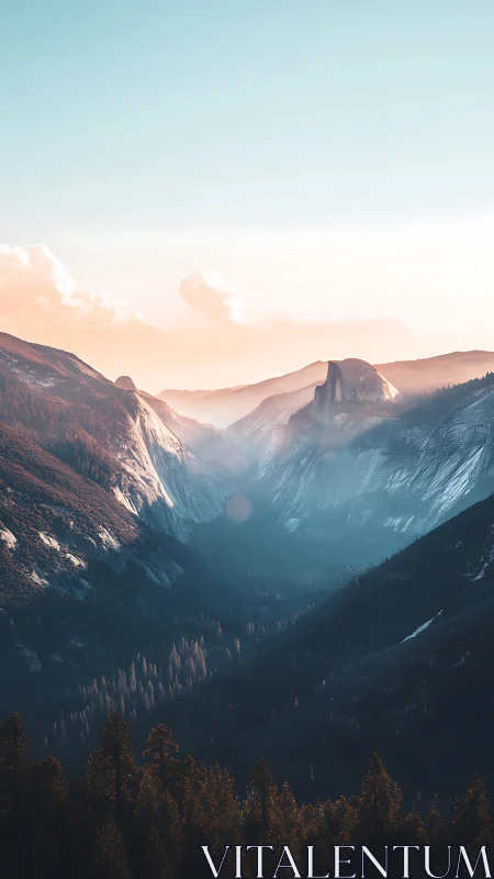 Sunlit alpine valley with misty peaks and soft pastel sky.