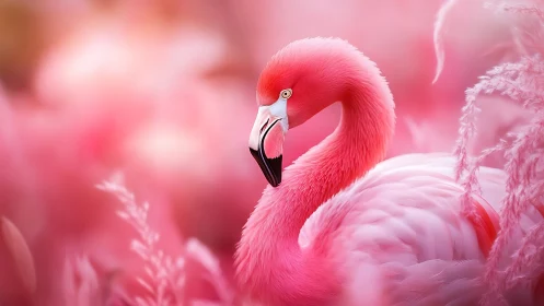 Pink flamingo portrait in soft-focus monochromatic habitat.