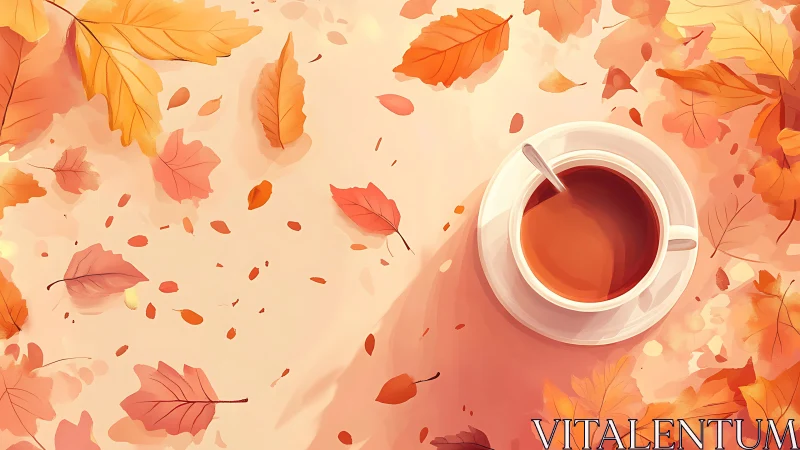 Autumn leaves encircle a sunlit cup of tea in soft digital art