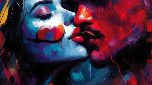 Electric kiss unites clown-painted lovers in vivid color storm