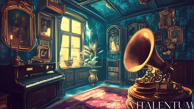 Digital painting of a neo‑Victorian music parlor interior design.