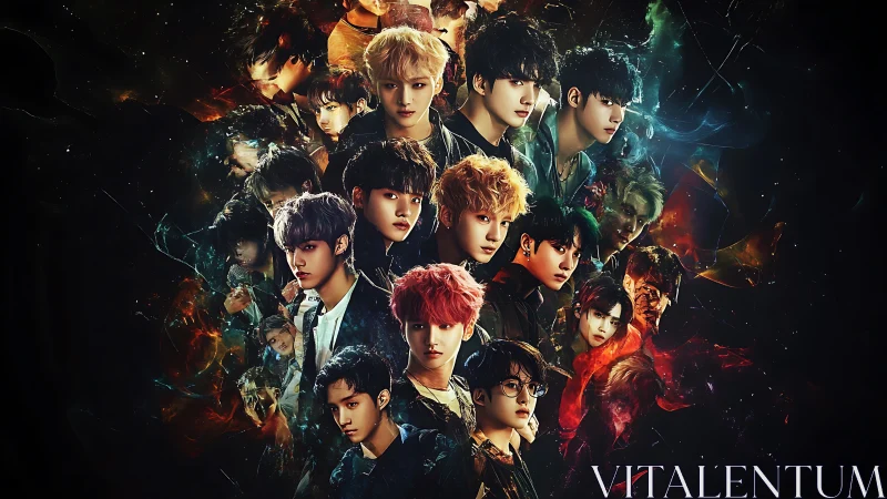 Luminous boy band montage amid cosmic nebula swirls.