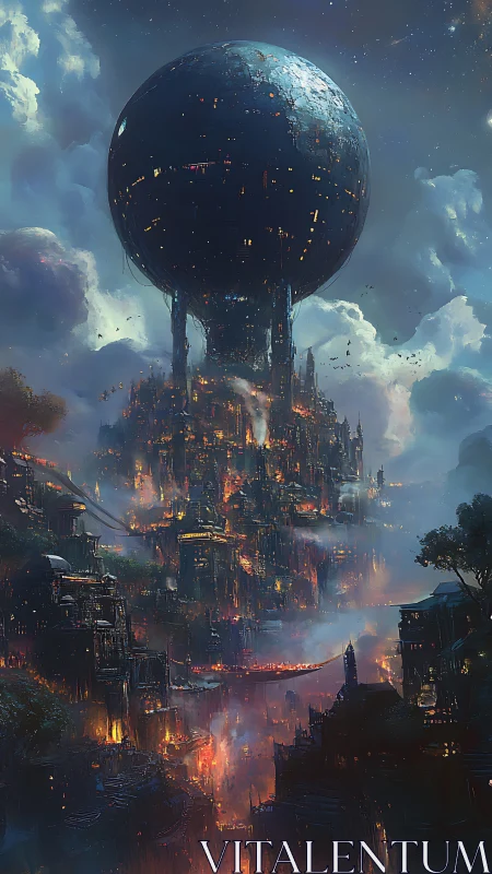 Colossal sphere hovers above burning vertical cyber city