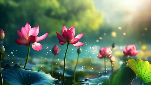 Digital rendering shows pink lotus flowers over pond water
