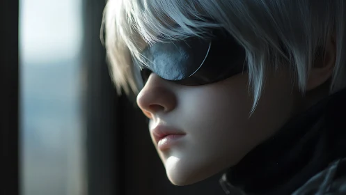Cyborg youth profile in soft window light, hyperreal render