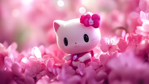 Cute chibi cat relaxes in dreamy pink cherry blossoms.