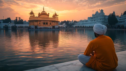 Golden temple glows at sunset as seated devotee reflects.