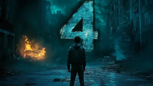 Backlit figure facing holographic numeral 4 in ruined city street