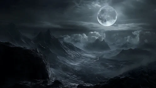 Moon-drenched abyssal valley under ghostlit storm clouds.