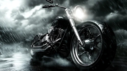 Motorcycle stands on wet reflective surface under rainfall