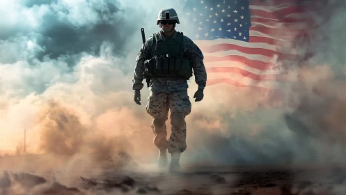 US soldier walks through battlefield smoke before flag.