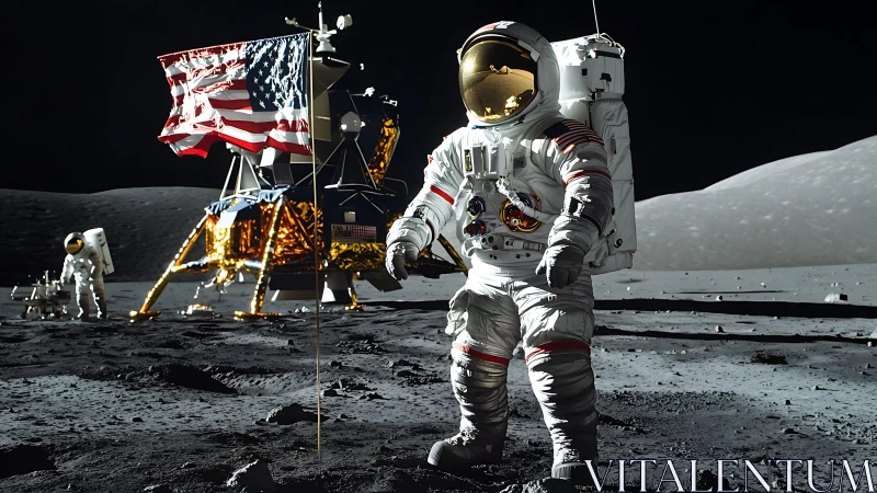 Astronaut on lunar surface beside flag and lander at night.