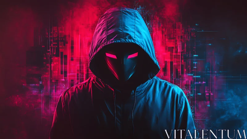 Cyber hooded figure dominates neon glitch cityscape.