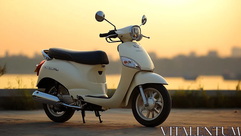 Cream city scooter at riverside in warm sunset glow.