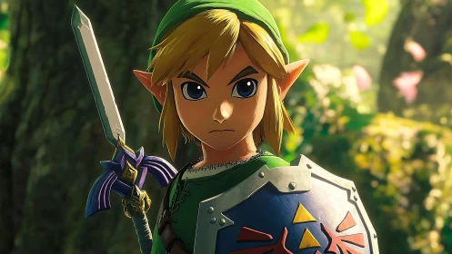 Stylized elf warrior with sword and shield in forest scene.