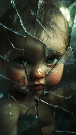 Child&rsquo;s face is viewed through fractured reflective glass surface
