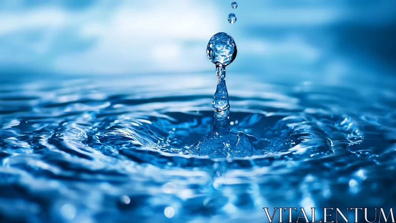 Water droplet forms vertical splash column on rippling surface