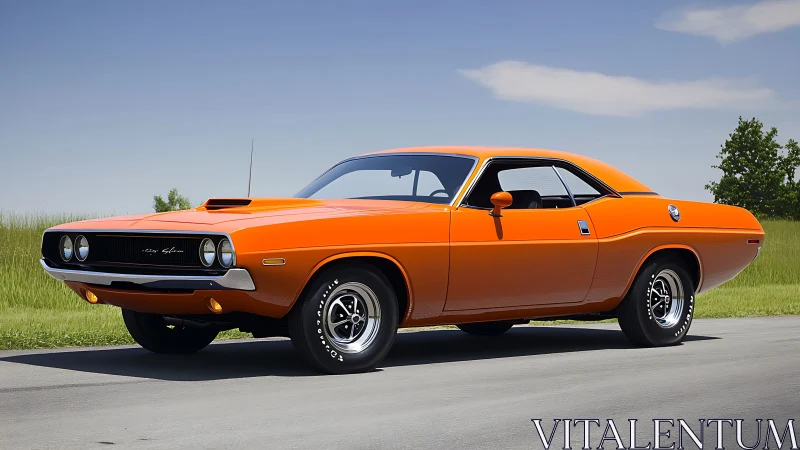 Bright orange classic muscle car glows on open country road.