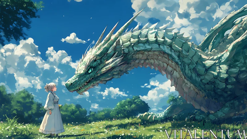 Human figure and large dragon in open meadow environment.