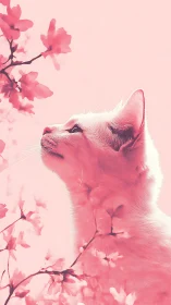 White cat gazes upward amid pink flowering magnolia branches with soft luminous rendering