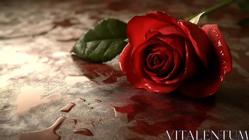 Crimson rose lounges on wet marble in cinematic close focus