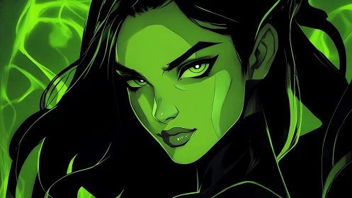 High-contrast green heroine portrait in dynamic comic style.