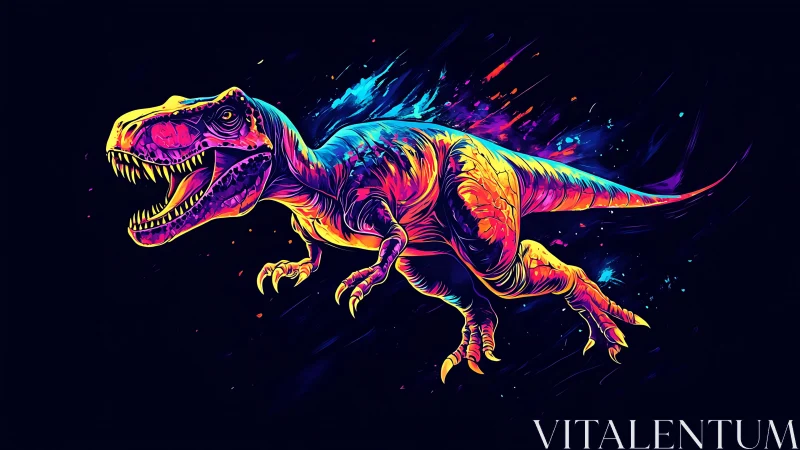Neon spectral Tyrannosaurus in chromatic motion burst field.