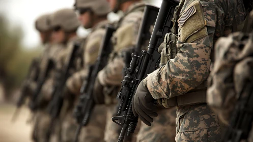 Line of uniformed soldiers stands in formation with rifles