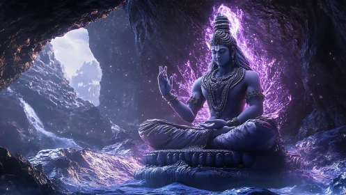 Divine blue yogi meditating in luminous crystal cavern.