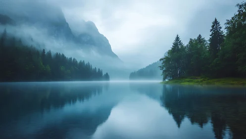Misty alpine lake reflecting pines and looming mountains.