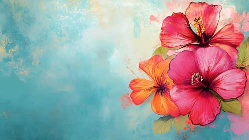 Vibrant Hibiscus Blooms Dancing Against Turquoise Skies.