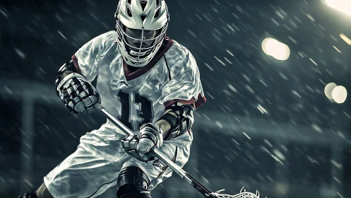 Lacrosse player in protective gear during night match.