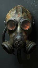 Weathered gas mask hangs in ominous, post-apocalyptic light