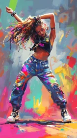 Street dancer in colorful abstract digital environment.