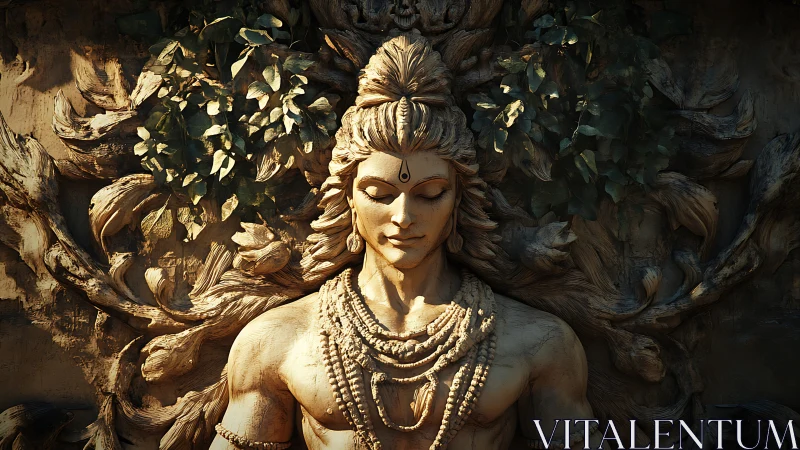 Serene carved deity relief bathed in warm dappled light.