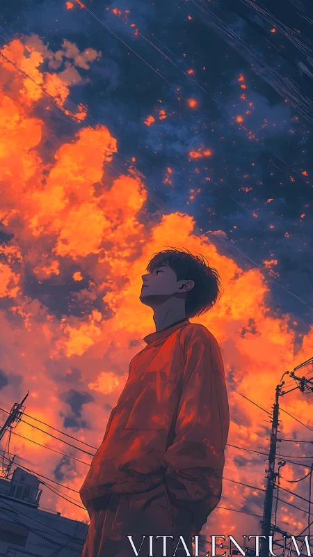 Silhouetted youth stands beneath vivid orange evening clouds