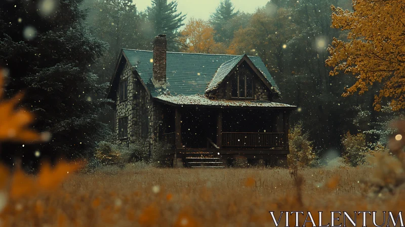 Rustic stone cabin amid autumn forest snowfall at dusk.