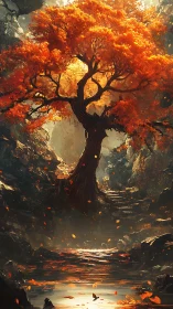 Ancient autumnal tree above reflective stream in rocky gorge