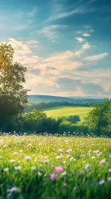 Wildflower meadow extends toward layered fields and distant hills