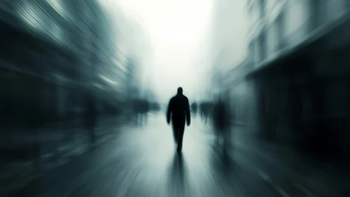 Silhouette of person walking on blurred urban street scene.