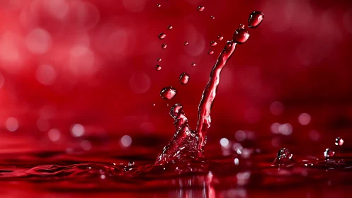 Crimson droplets dance upward in a vivid liquid splash moment