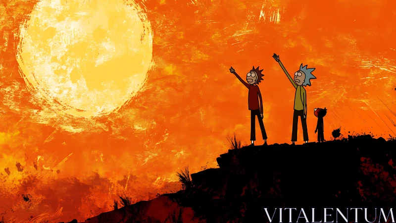 Cel-shaded figures salute overscaled sun on textured horizon