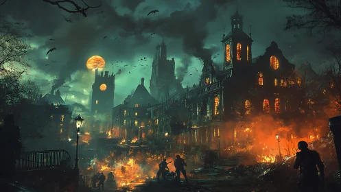Moonlit inferno over crumbling gothic city in chaos.