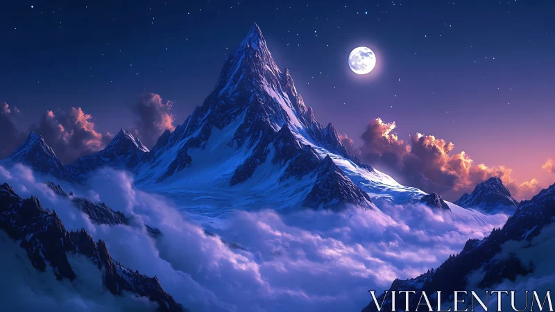 Moonlit alpine peak above cloud layer in night sky panorama.