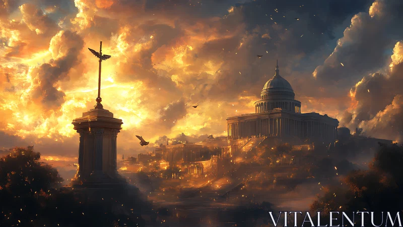 Monumental neoclassical capitol under dramatic volumetric sunset sky