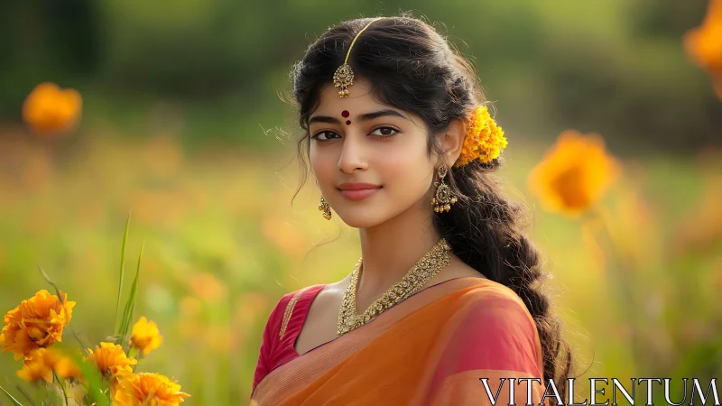 Marigold serenity crowns a graceful woman in sunset hues.