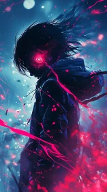 Electric cyber wanderer stands in glowing neon storm