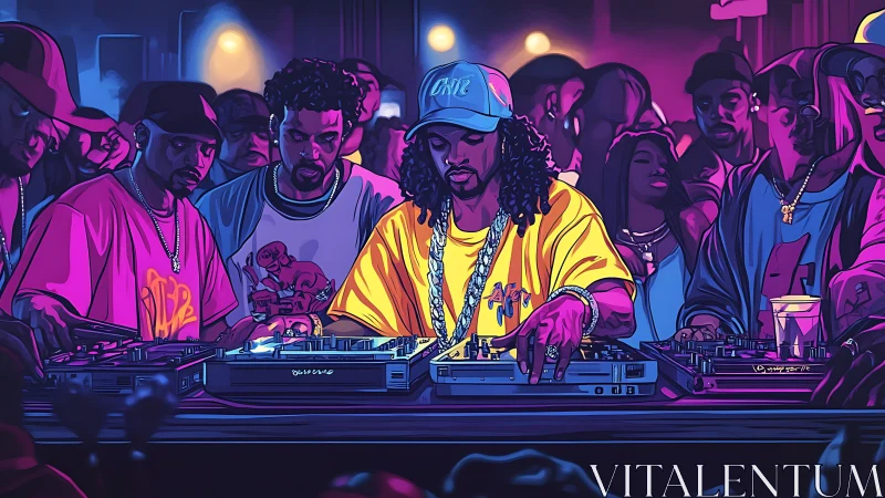 Neon hip-hop DJ collective in stylized comic crowd scene.